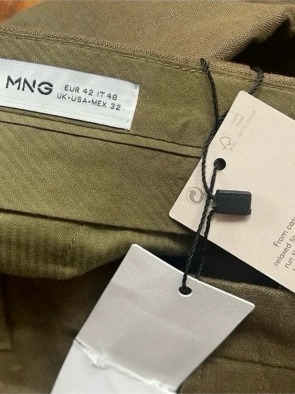 NWT Mango Womens Olive 100% Linen High Waist Straight Pant Size 32 Minimalist